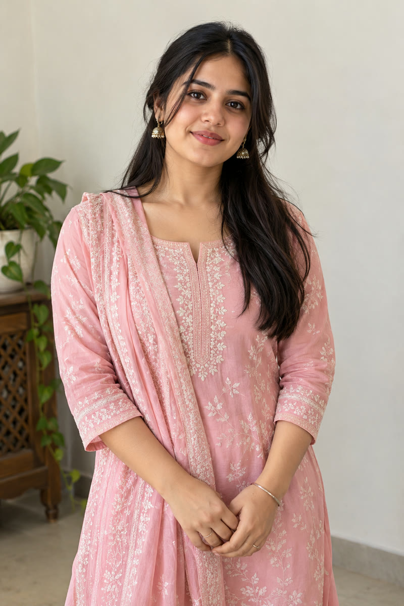 Sakshi in a blush pink suit