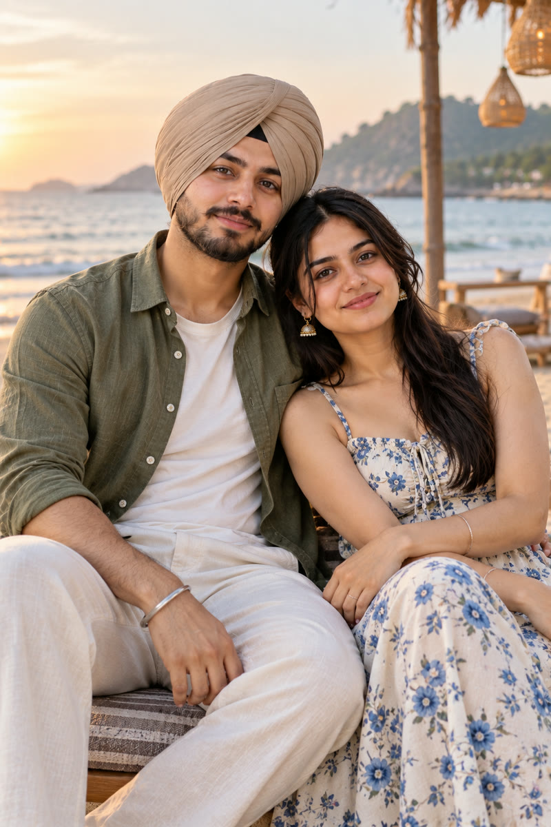 Sakshi and Ashutosh by the sea at sunset
