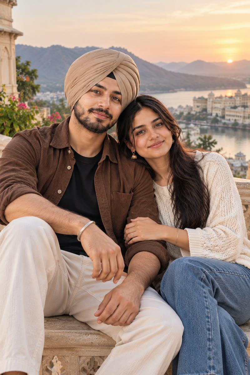 Sakshi and Ashutosh overlooking the lake at sunset